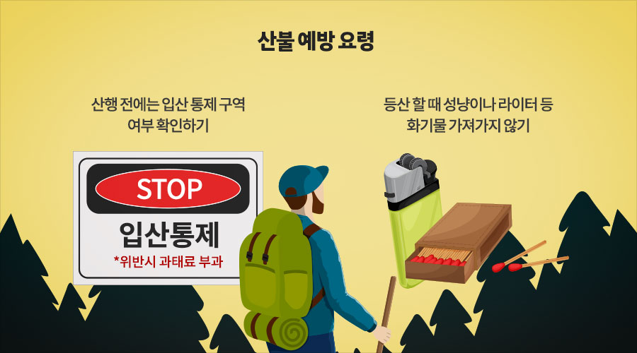 산불 예방 요령 - 산행 전에는 입산 통제 구역 여부 확인하기, 등산 할 때 성냥이나 라이터 등 화기물 가져가지 않기