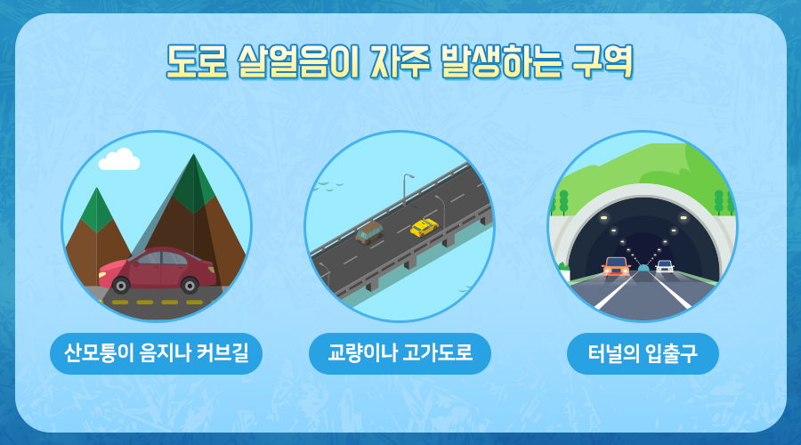 [도로 살얼음이 자주 발생하는 구역] 산모퉁이 음지나 커브길, 교량이나 고가도로, 터널의 입출구